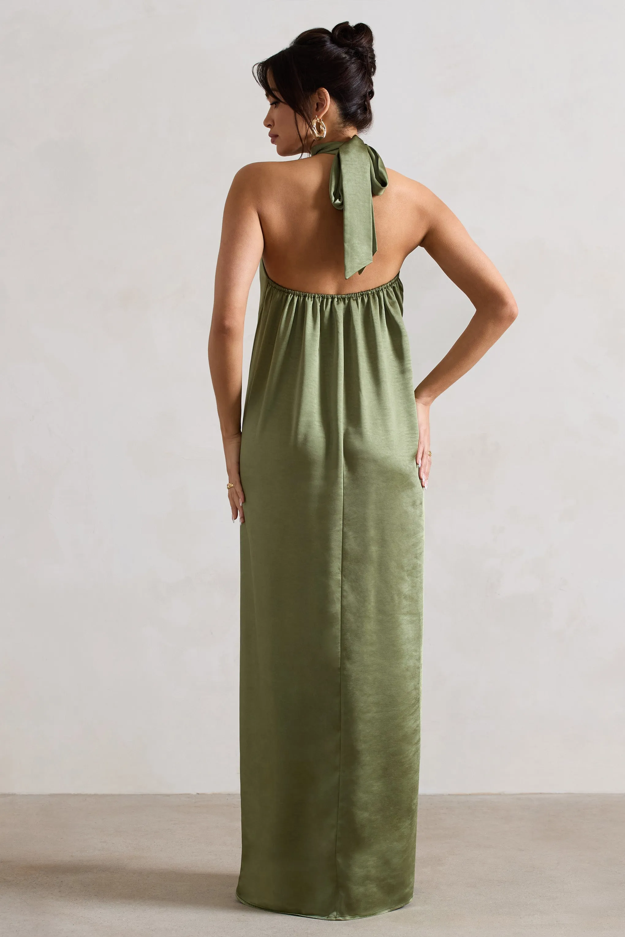 Gloriana | Olive Green Satin High-Neck Maxi Dress