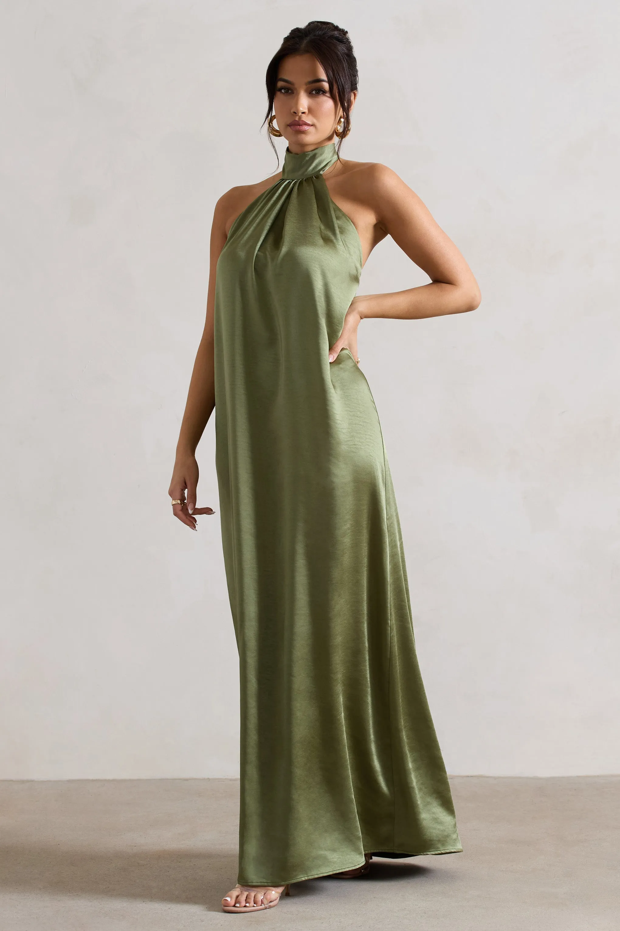 Gloriana | Olive Green Satin High-Neck Maxi Dress