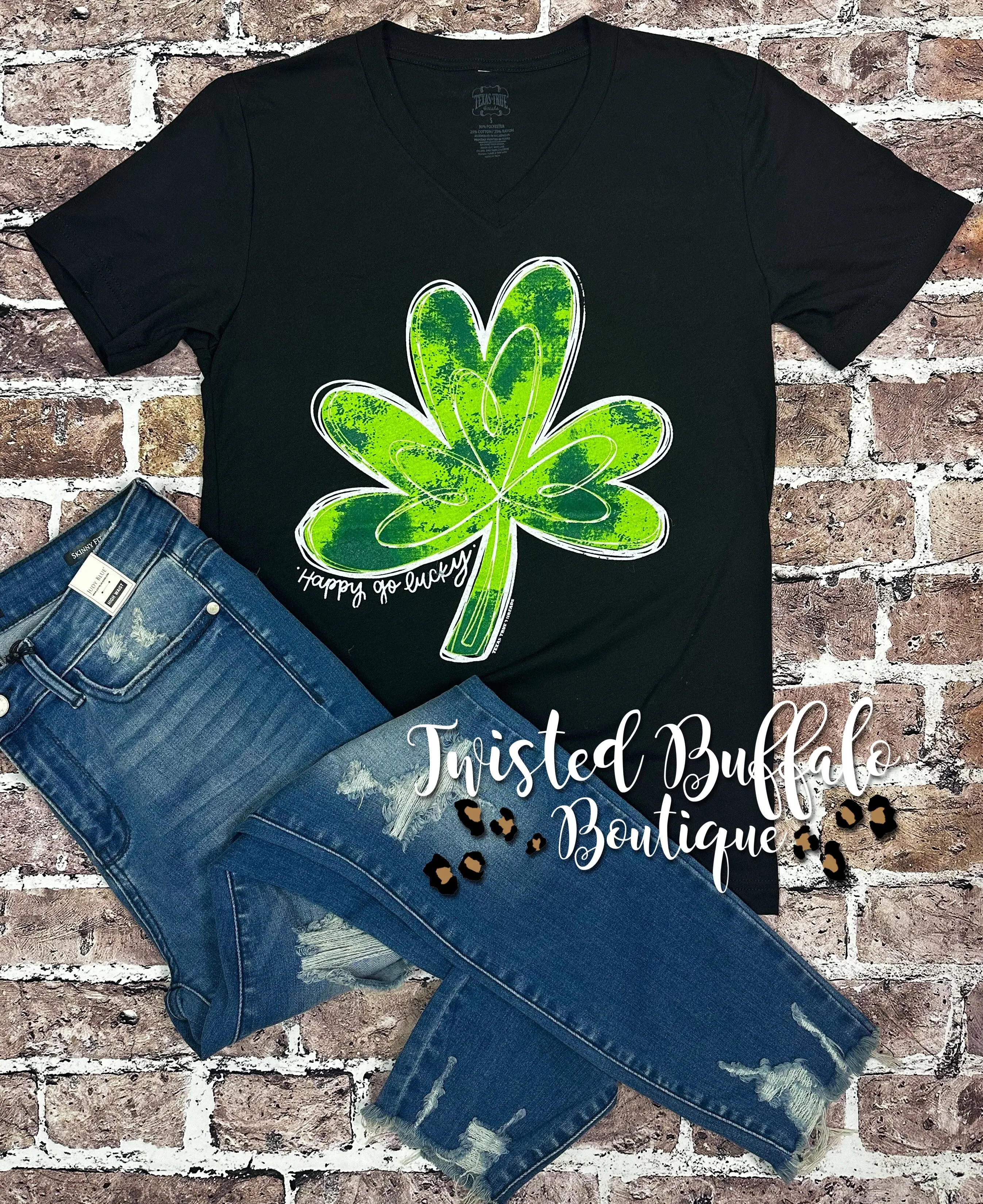 {HAPPY GO LUCKY} Black V-Neck Tee