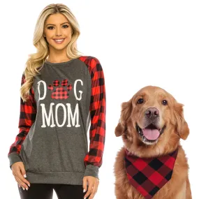 Haute Edition Women's Dog Mom Buffalo Plaid Sweatshirt with Dog Bandana 2-Piece Gift Set