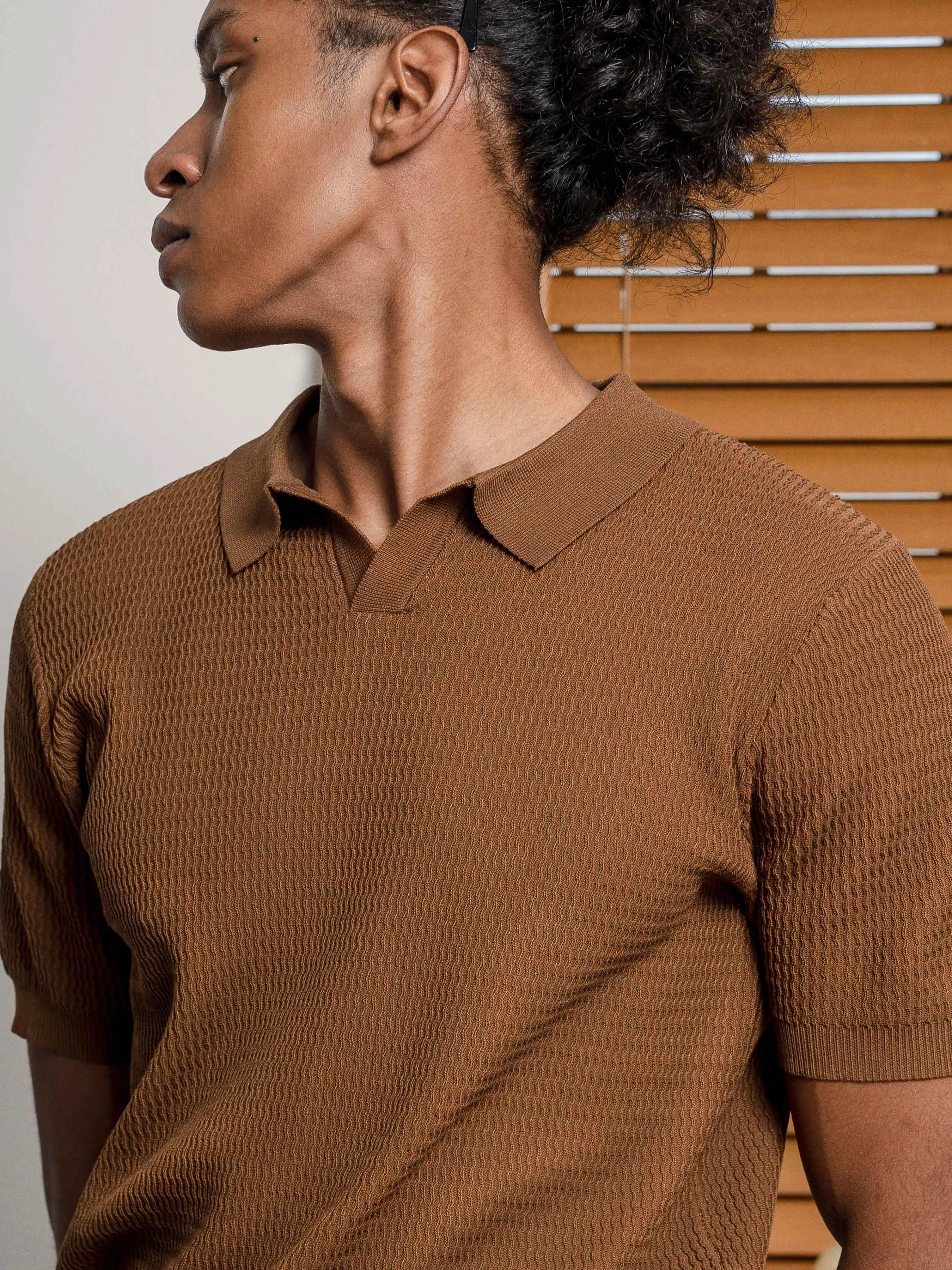 Henri Knit Polo Tee - Coffee Open Collar