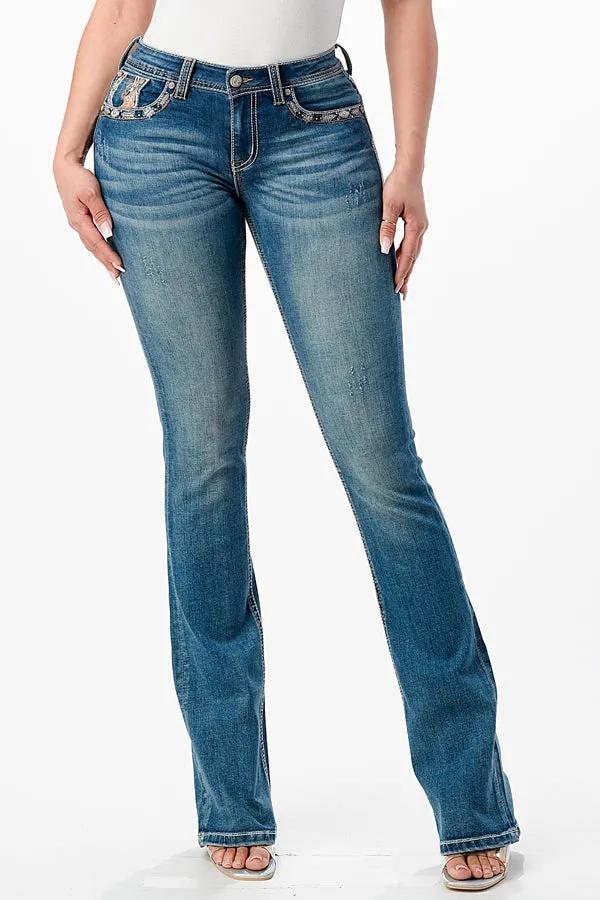 Horse Shoe with Boot Hats Embroidery Mid Rise Bootcut Jeans