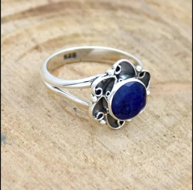 Indian Blue Sapphire 925 Sterling Silver Ring, Handmade Jewelry,Gift for her