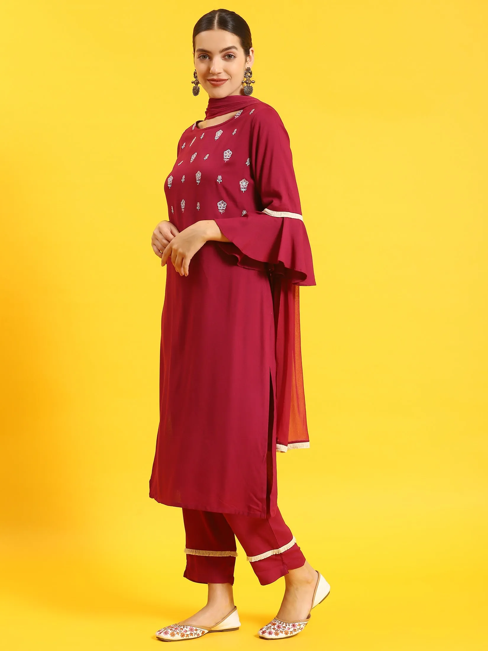 Indiessence Women Burgundy Embroidered Kurta Trouser Dupatta