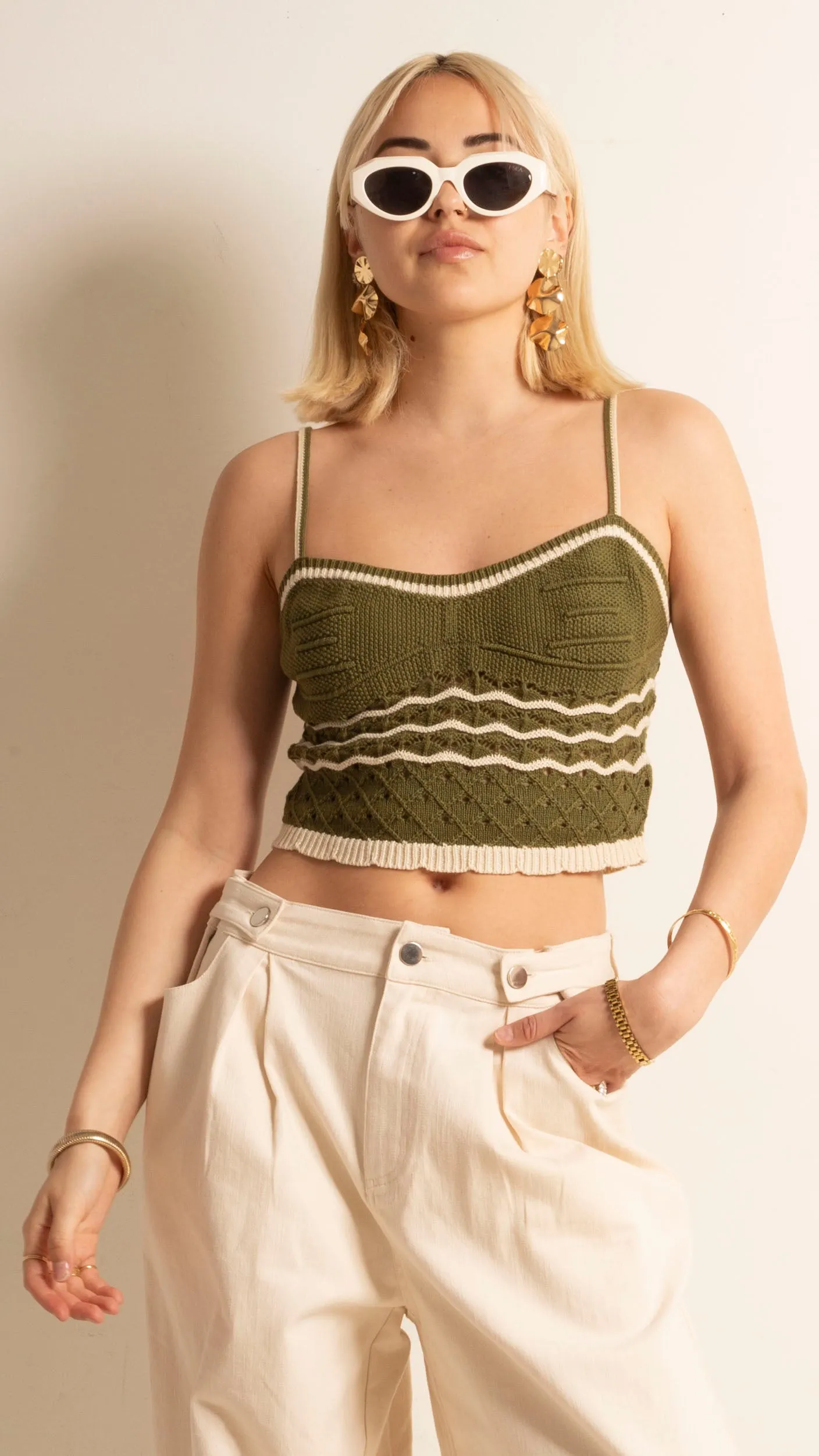 Jasmine Crochet Tank - Olive/Cream