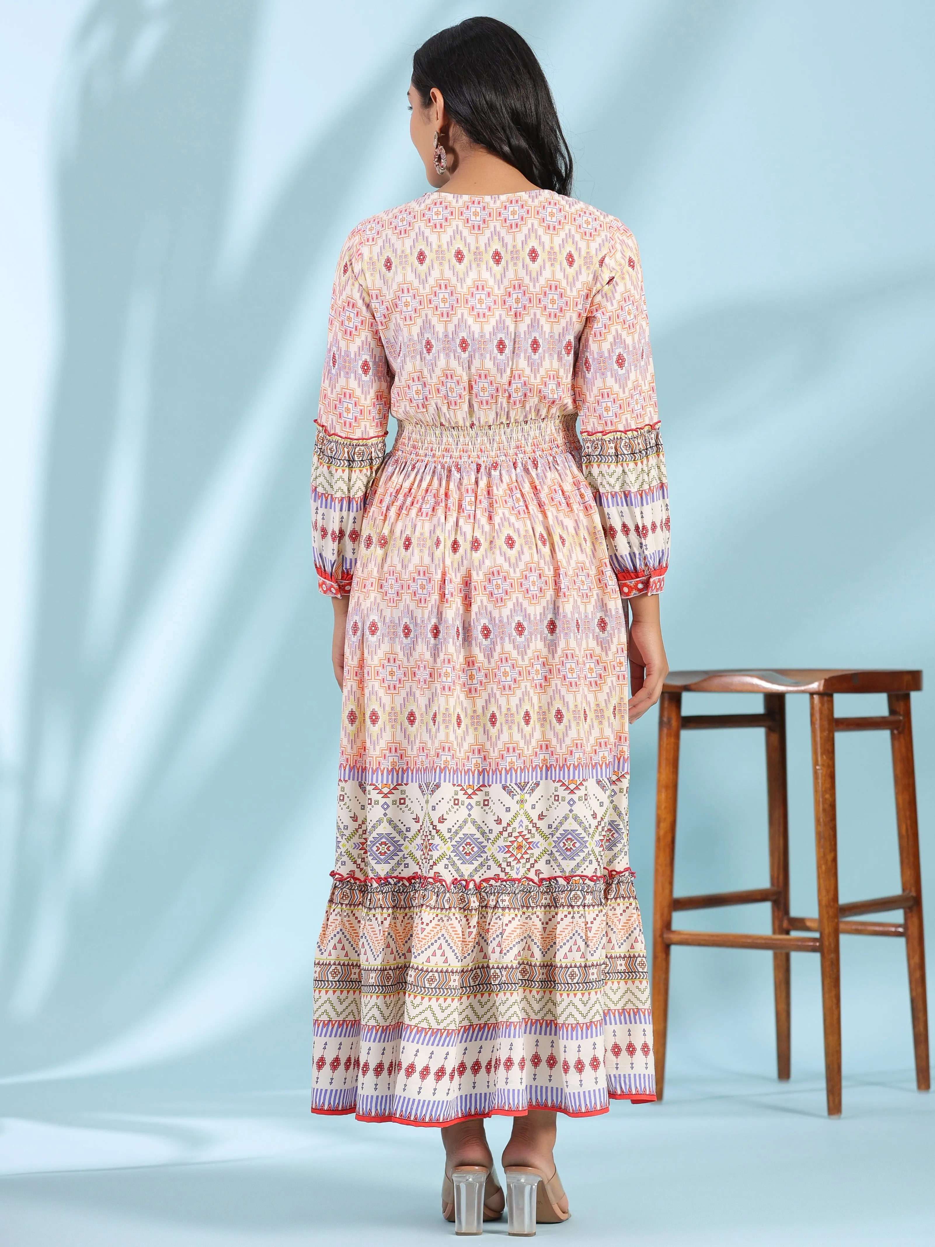 Juniper Off-White Rayon Geometric Printed Tiered Maxi Dress With Mirror Work