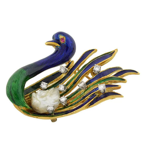 LA TRIOMPHE Vintage 18kt Diamond & Pearl Enameled Swan Pin