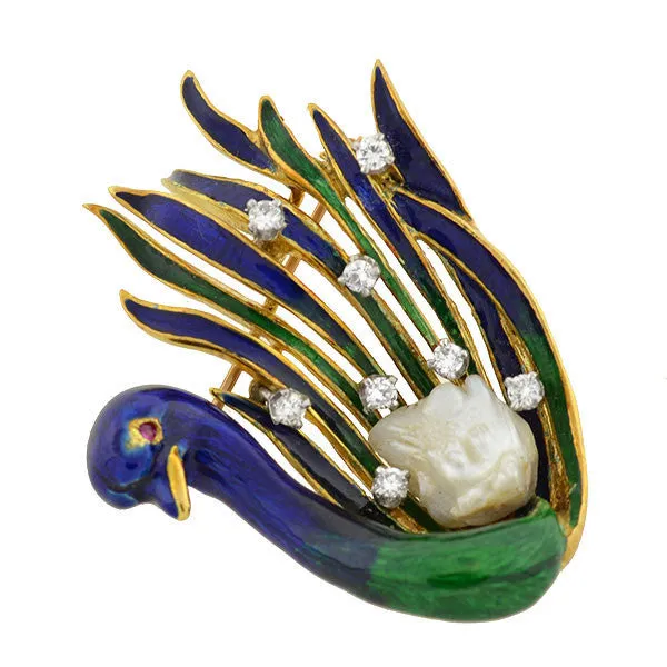 LA TRIOMPHE Vintage 18kt Diamond & Pearl Enameled Swan Pin