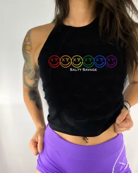 Ladies "Spliced Pride Smile" Flowy Crop Tank | Rainbow