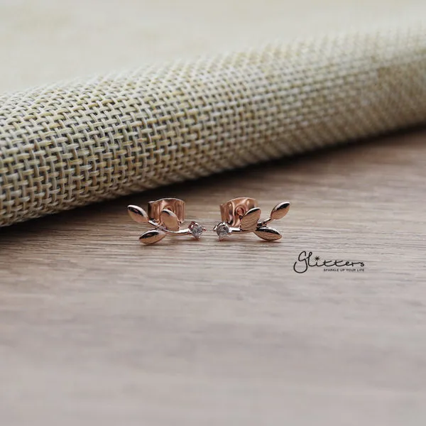 Leaf Sterling Silver Post Stud Earrings with Cubic Zirconia