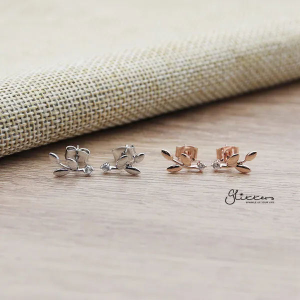 Leaf Sterling Silver Post Stud Earrings with Cubic Zirconia