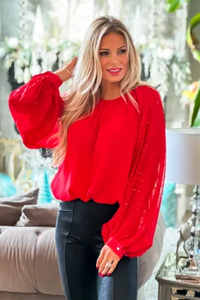 Lucky To Be Loved Sequin Balloon Sleeve Blouse : Red