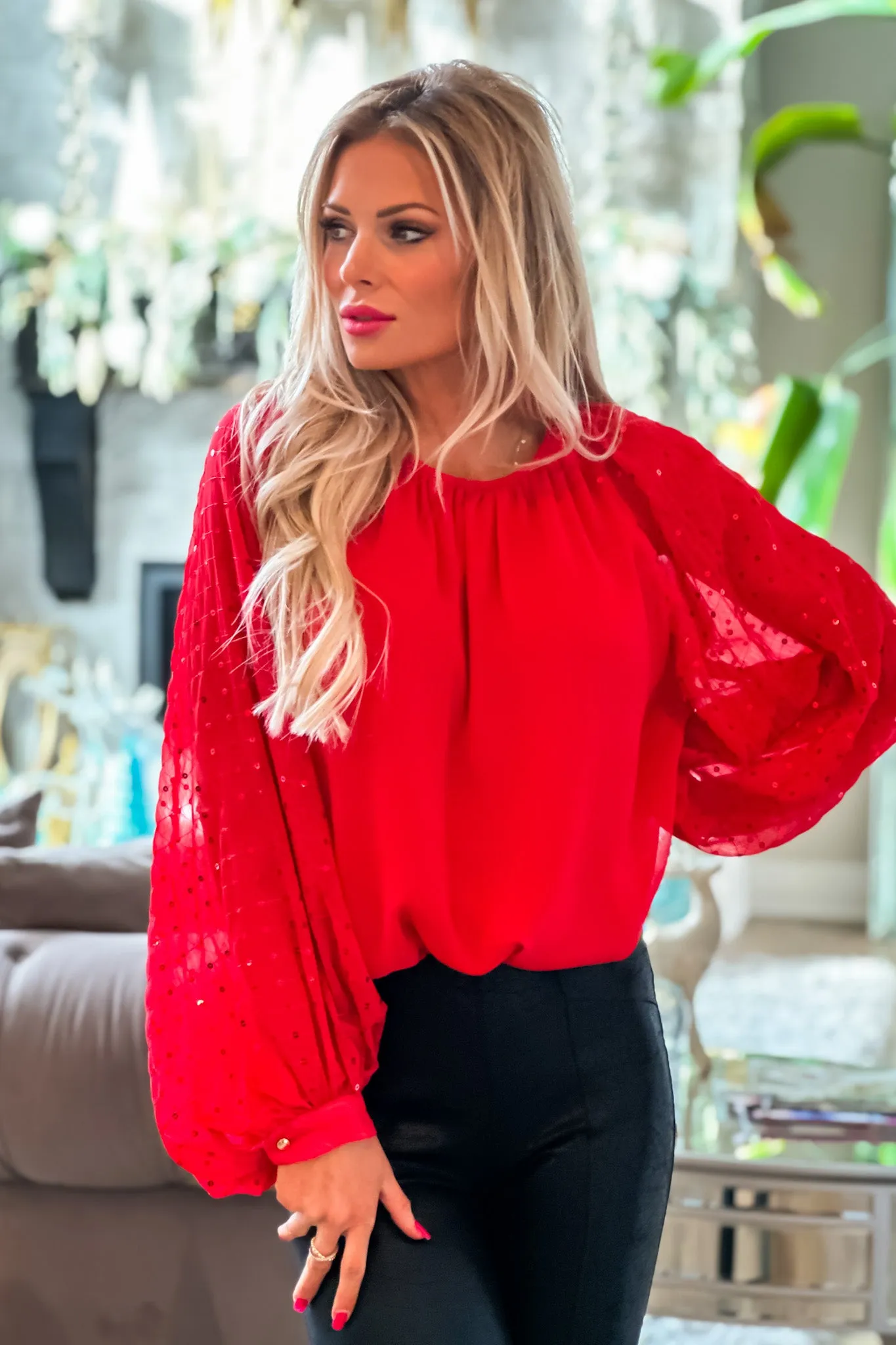 Lucky To Be Loved Sequin Balloon Sleeve Blouse : Red