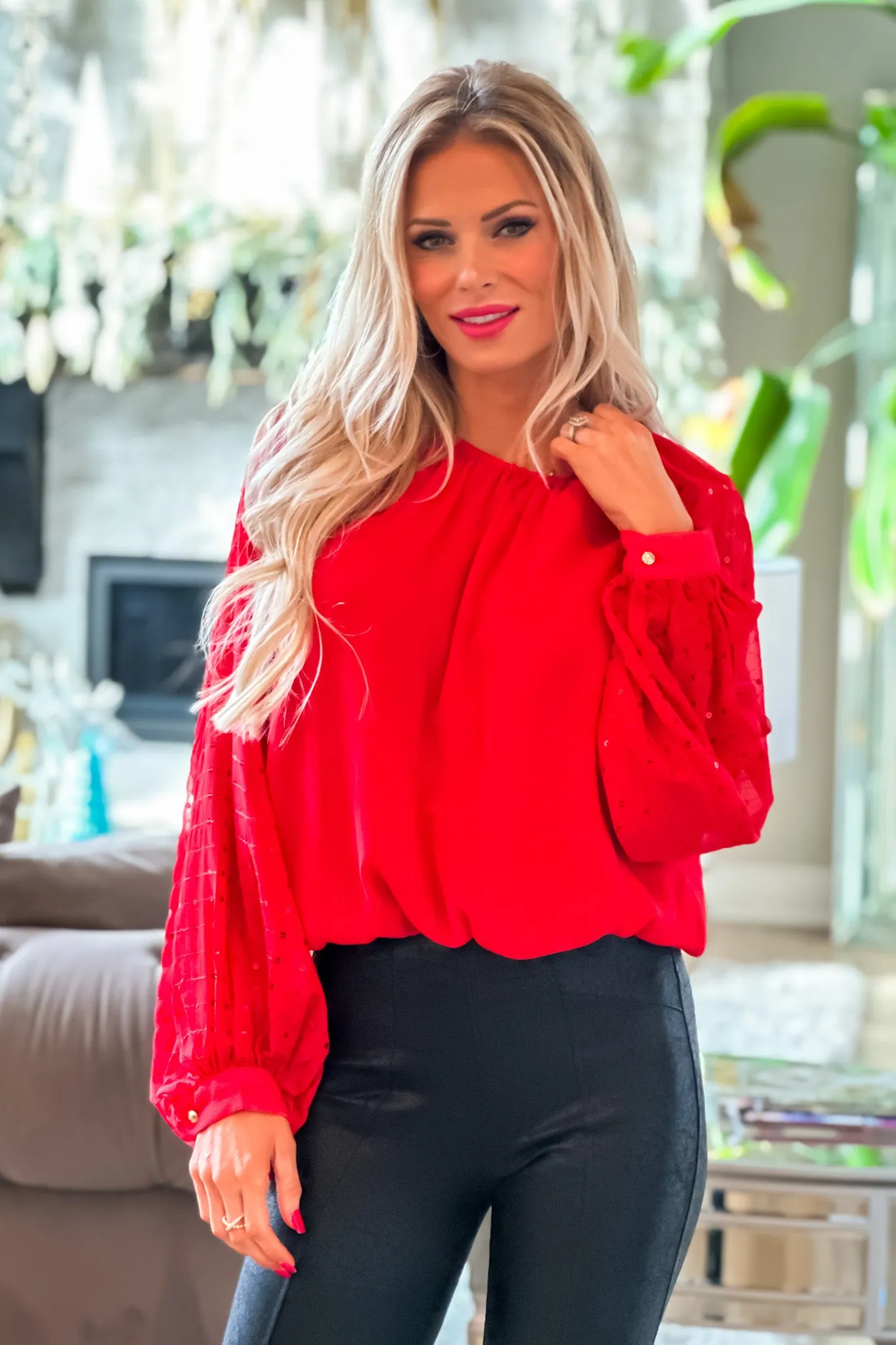 Lucky To Be Loved Sequin Balloon Sleeve Blouse : Red