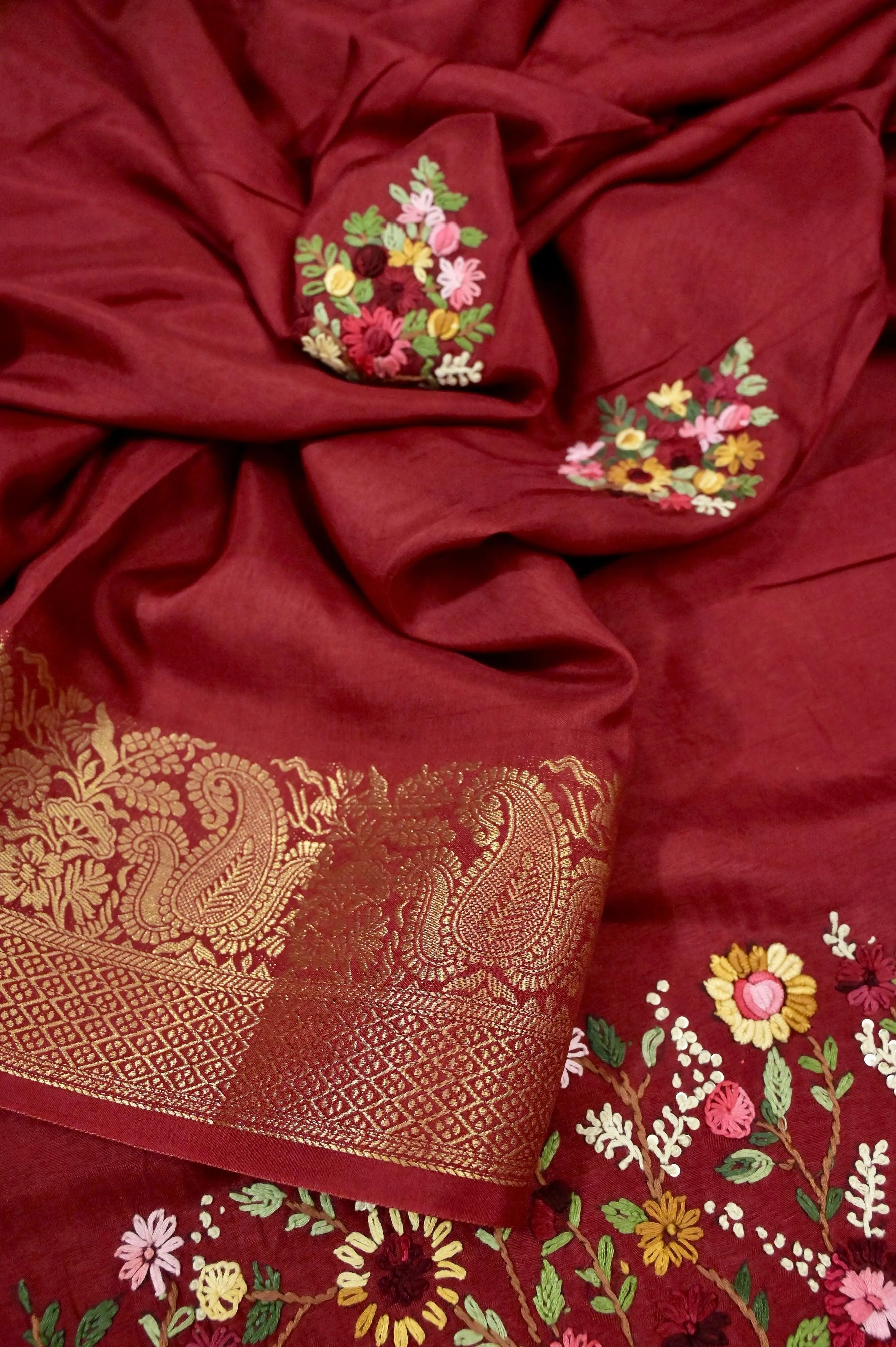 Maroon Color Chinon Silk Banarasi with Hand Parsi & Bullion Embroidery with Zari Border