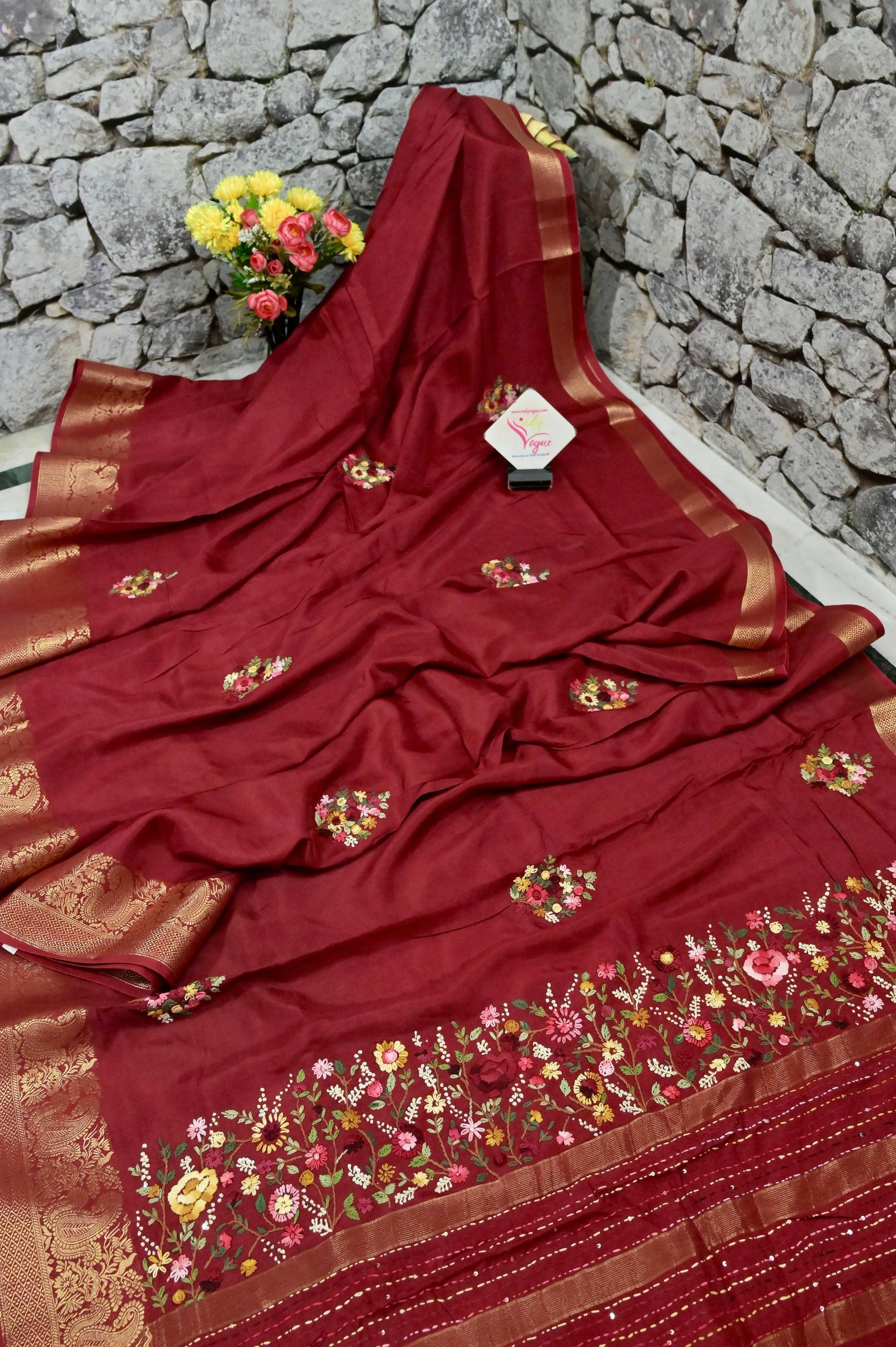 Maroon Color Chinon Silk Banarasi with Hand Parsi & Bullion Embroidery with Zari Border