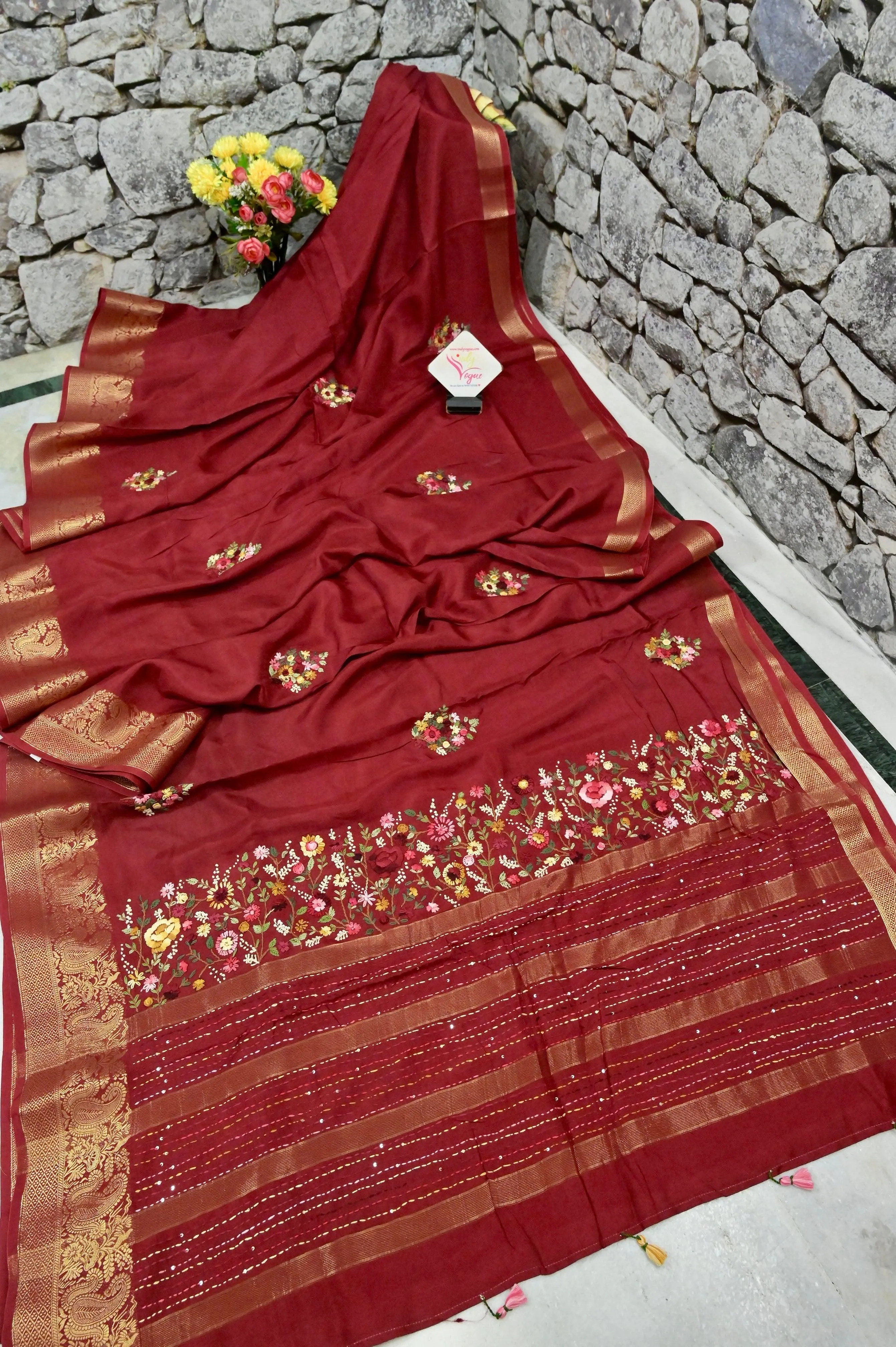 Maroon Color Chinon Silk Banarasi with Hand Parsi & Bullion Embroidery with Zari Border