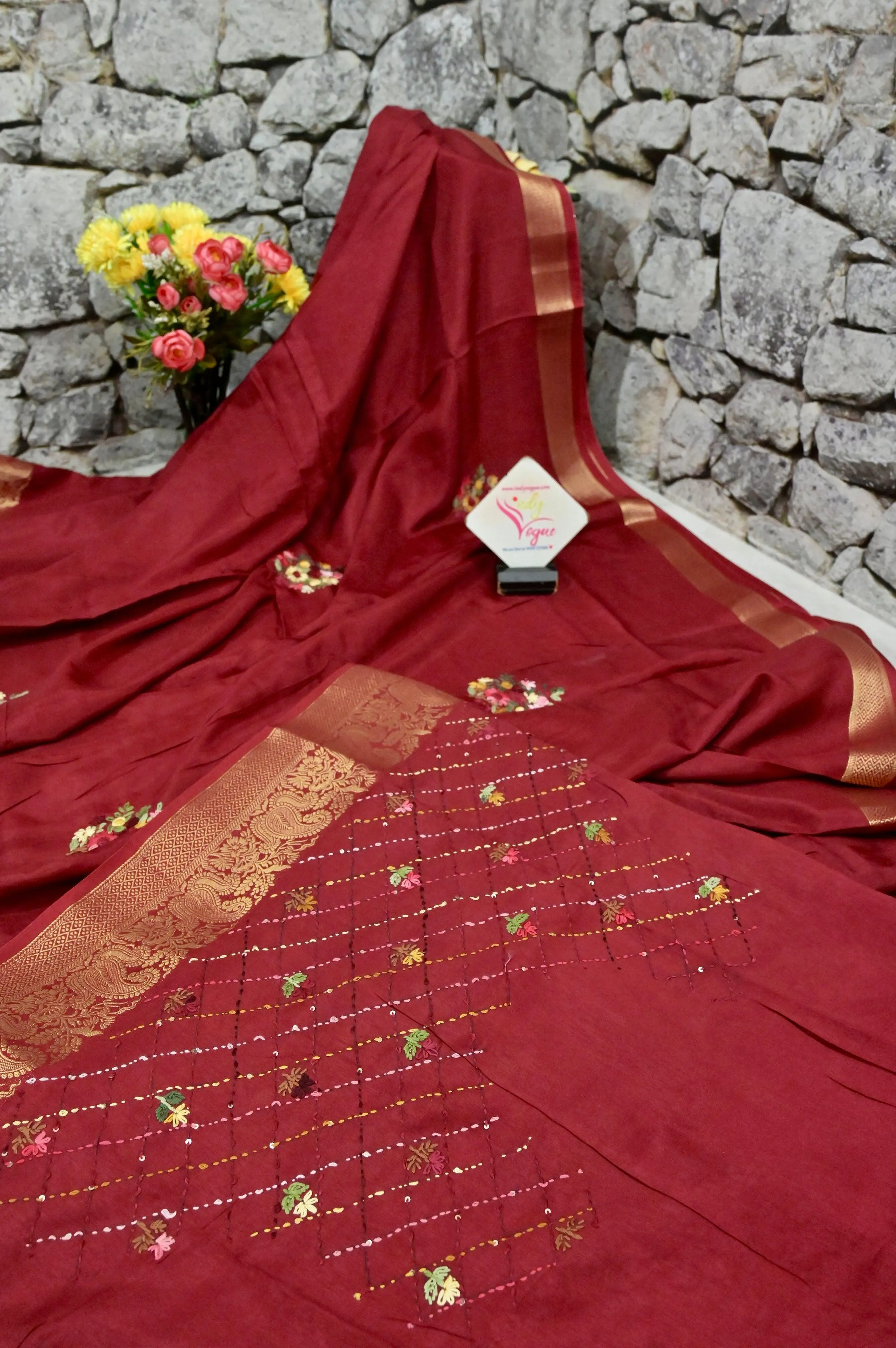 Maroon Color Chinon Silk Banarasi with Hand Parsi & Bullion Embroidery with Zari Border