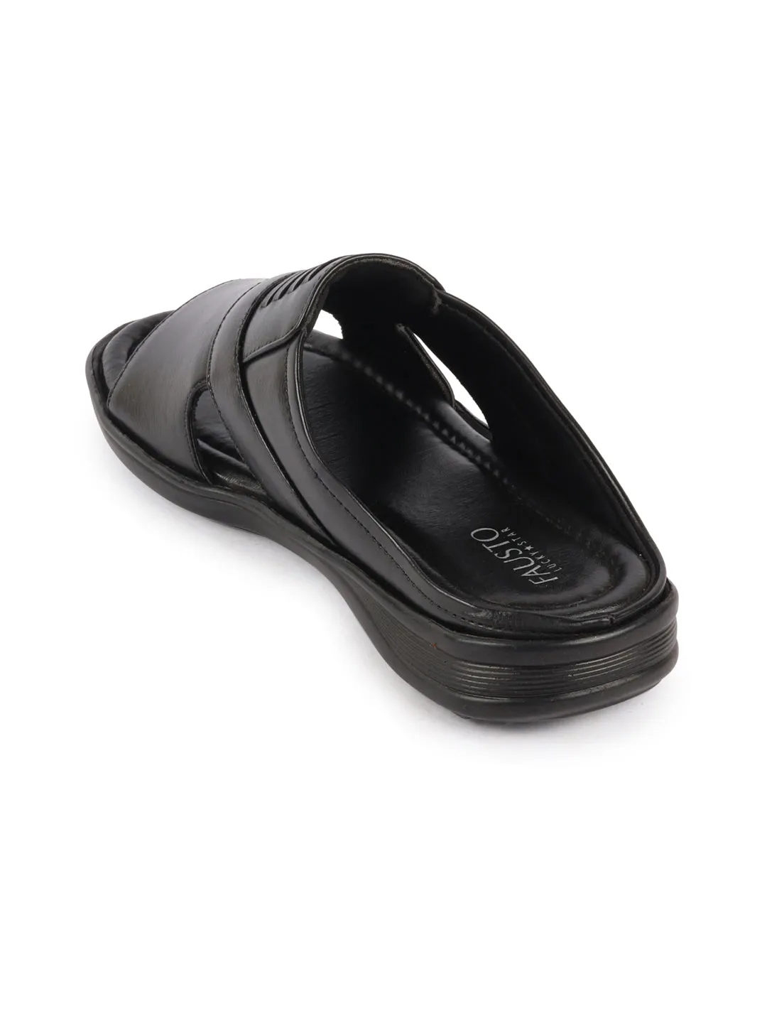 Men Black Daily Indoor Outdoor Comfort Stitched Design Open Toe Slip On Slipper