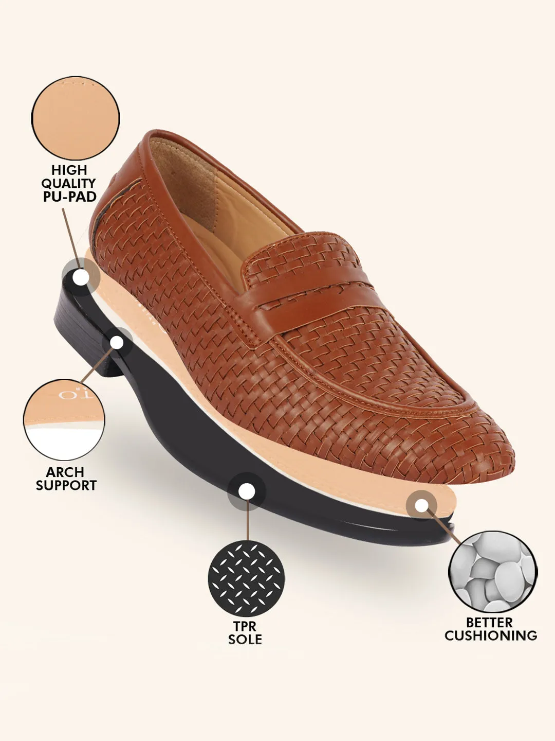 Men Tan Hand Knitted Design Penny Loafer Slip On Shoes