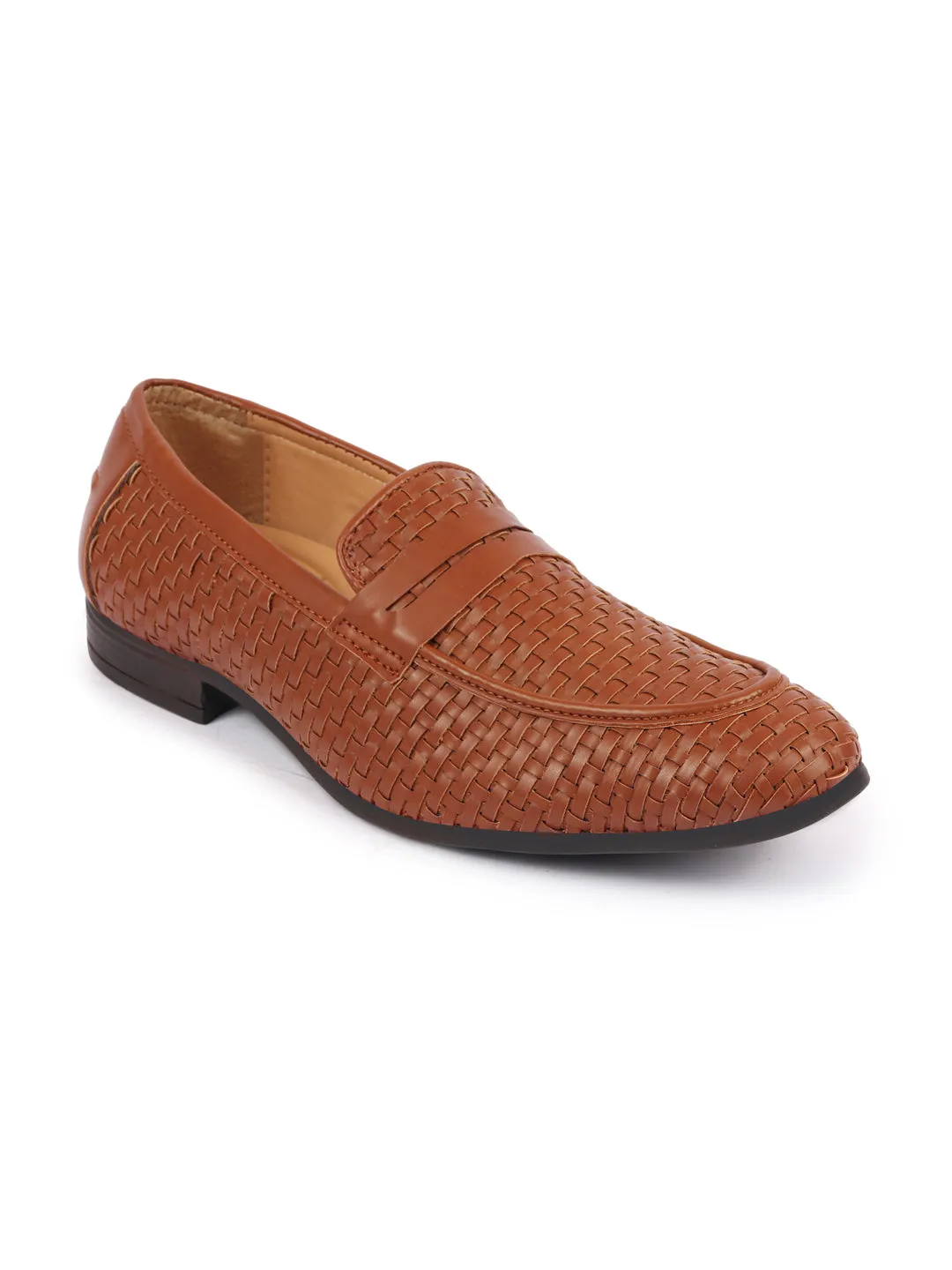 Men Tan Hand Knitted Design Penny Loafer Slip On Shoes