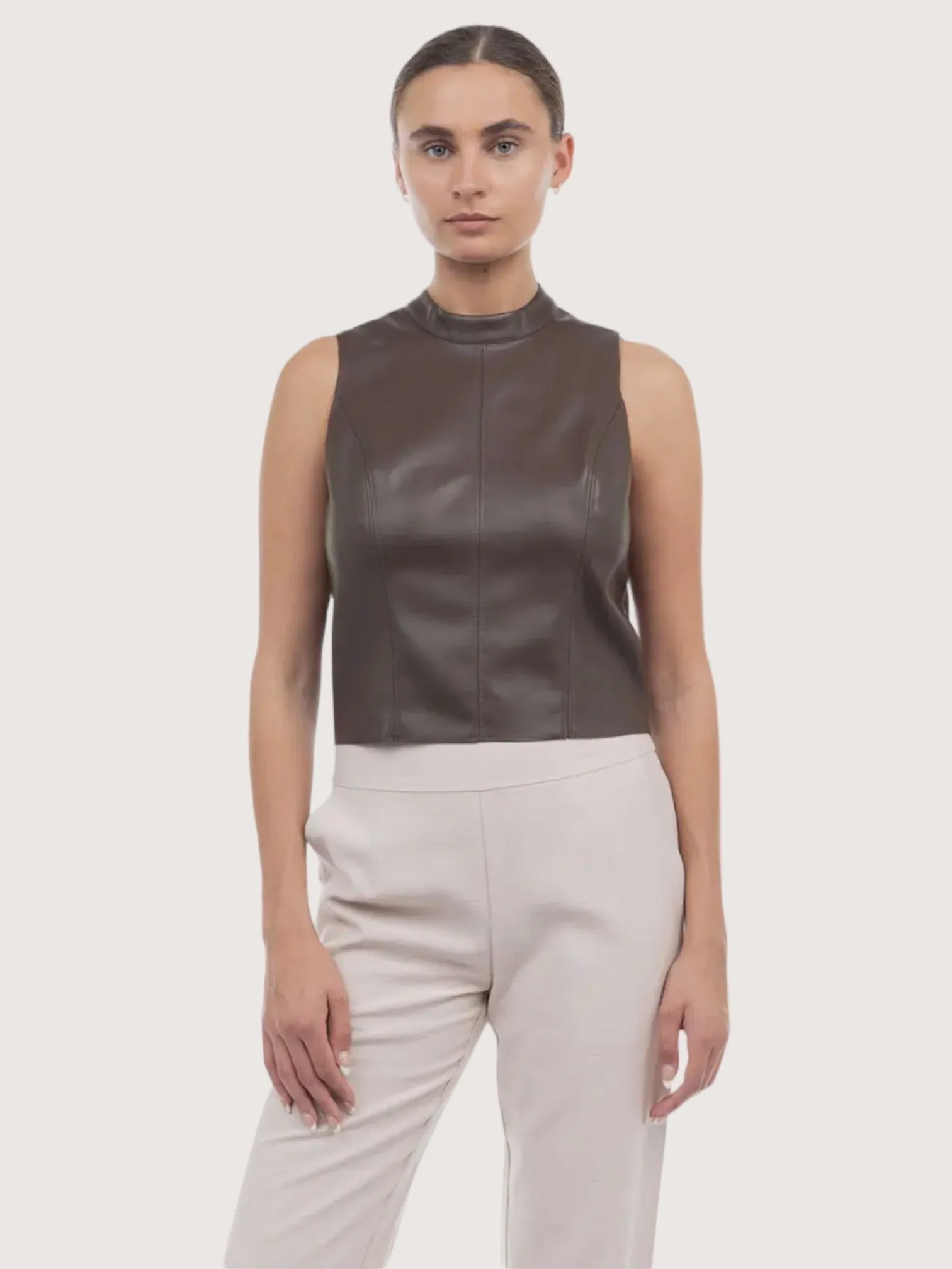 Mock Neck Leather Tank Top | Chocolate