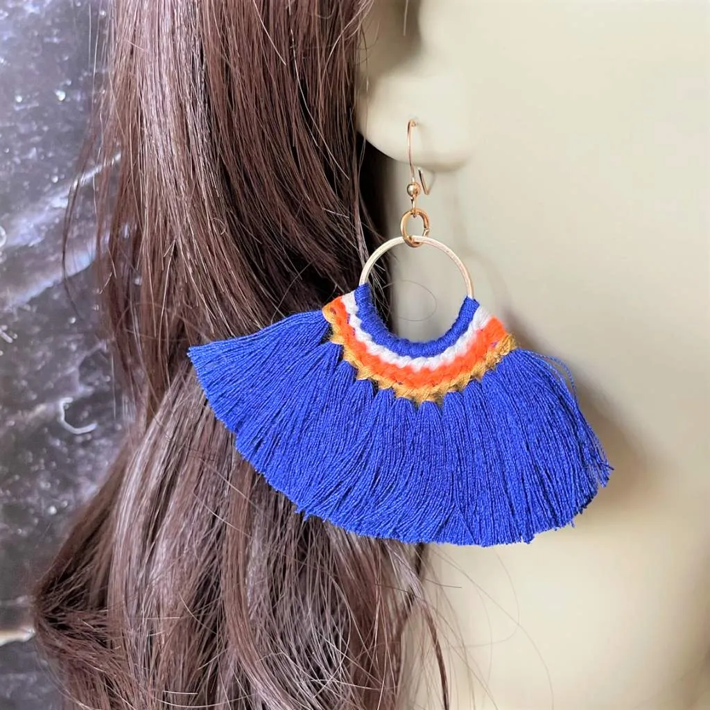 Navy Blue Tassel Fan Dangle Earrings