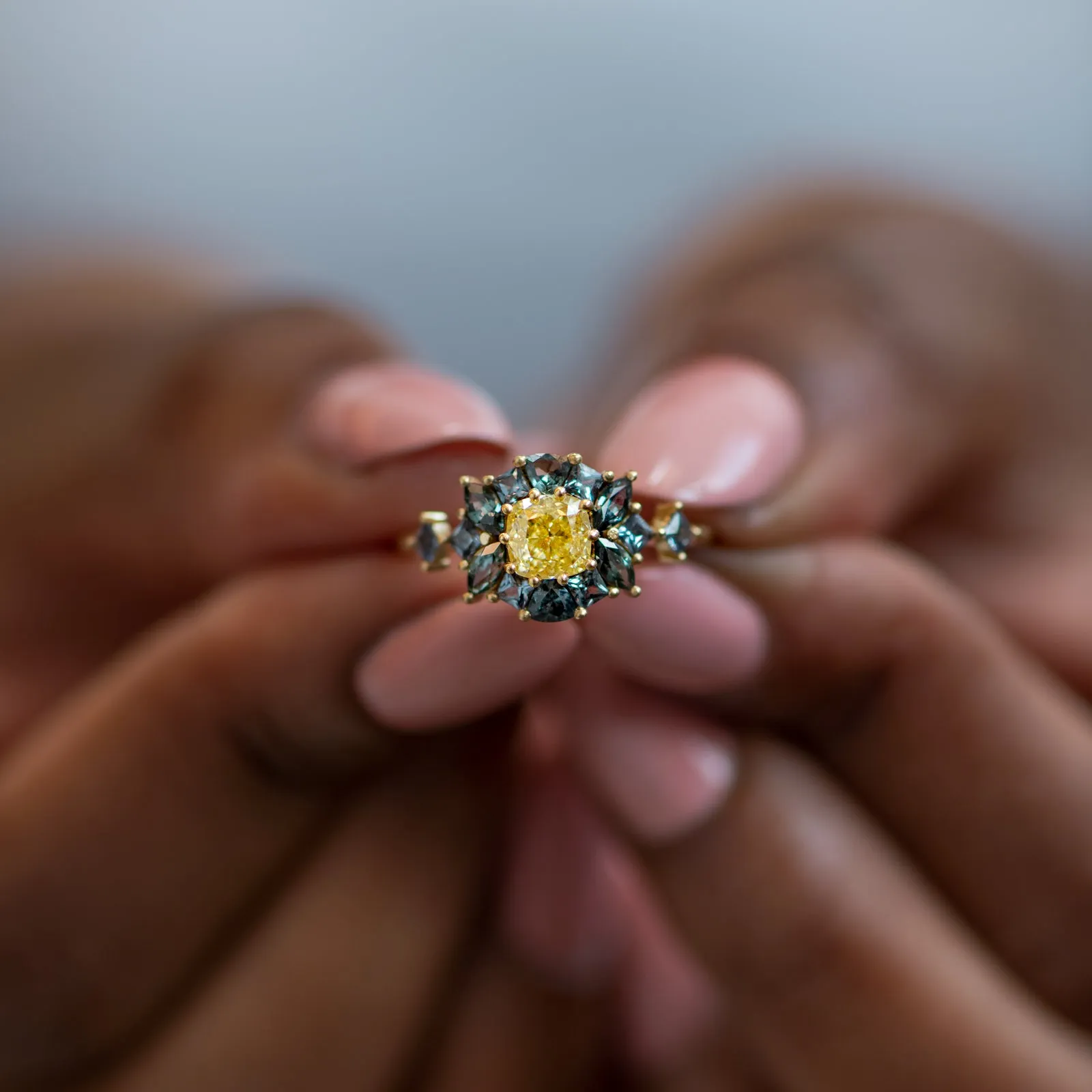 OOAK Color Change Garnet Engagement Ring with Fancy Yellow Diamond