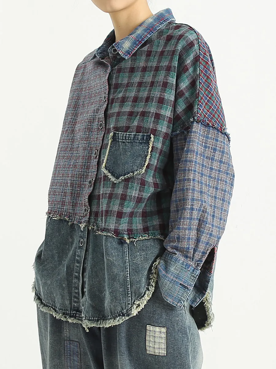 Patchwork Women Turndown Collar Denim Spring Shirt