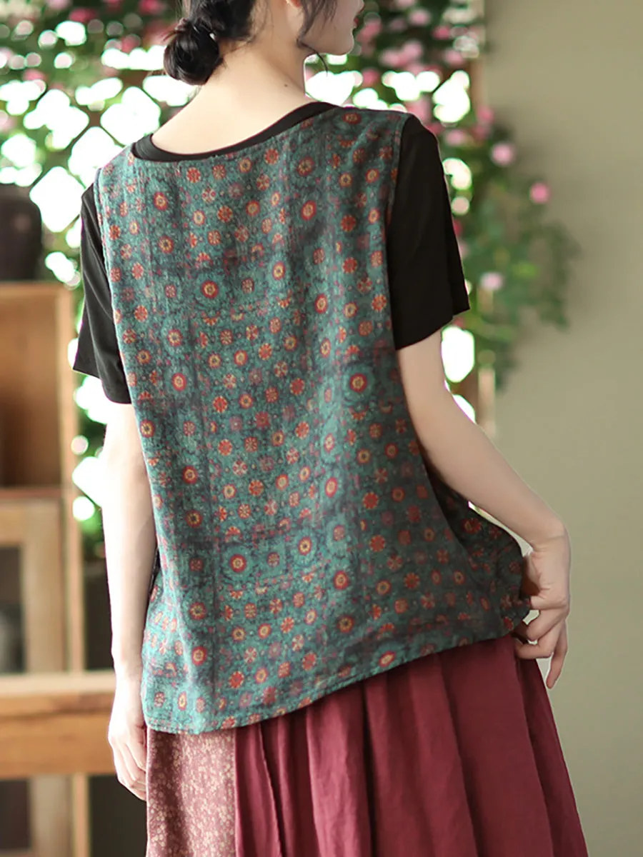 Plue-Size Women Vintage Print Sleeveless Vest