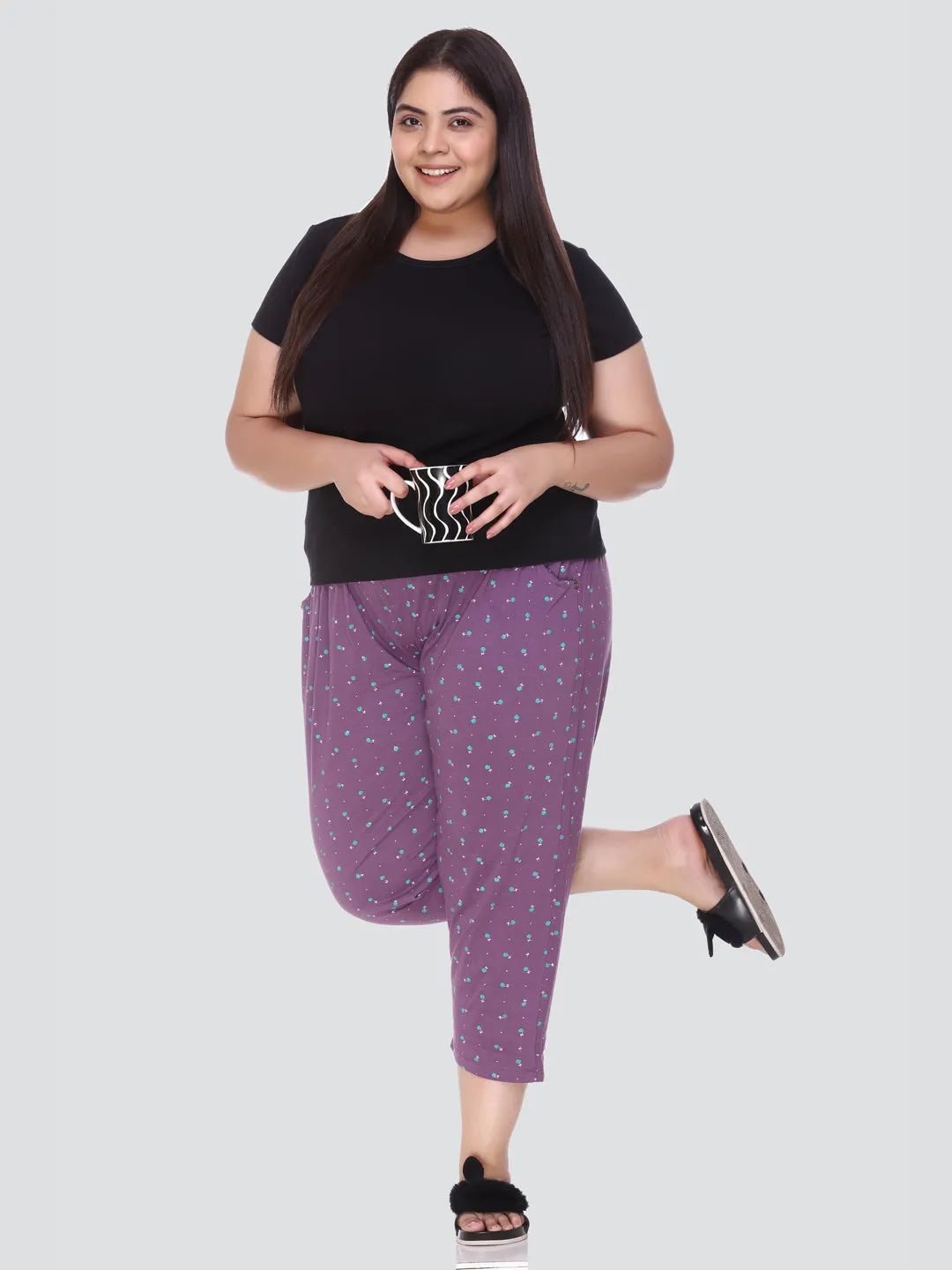 Plus Size Capri For Women - 3/4 Printed Pyjama - Purple