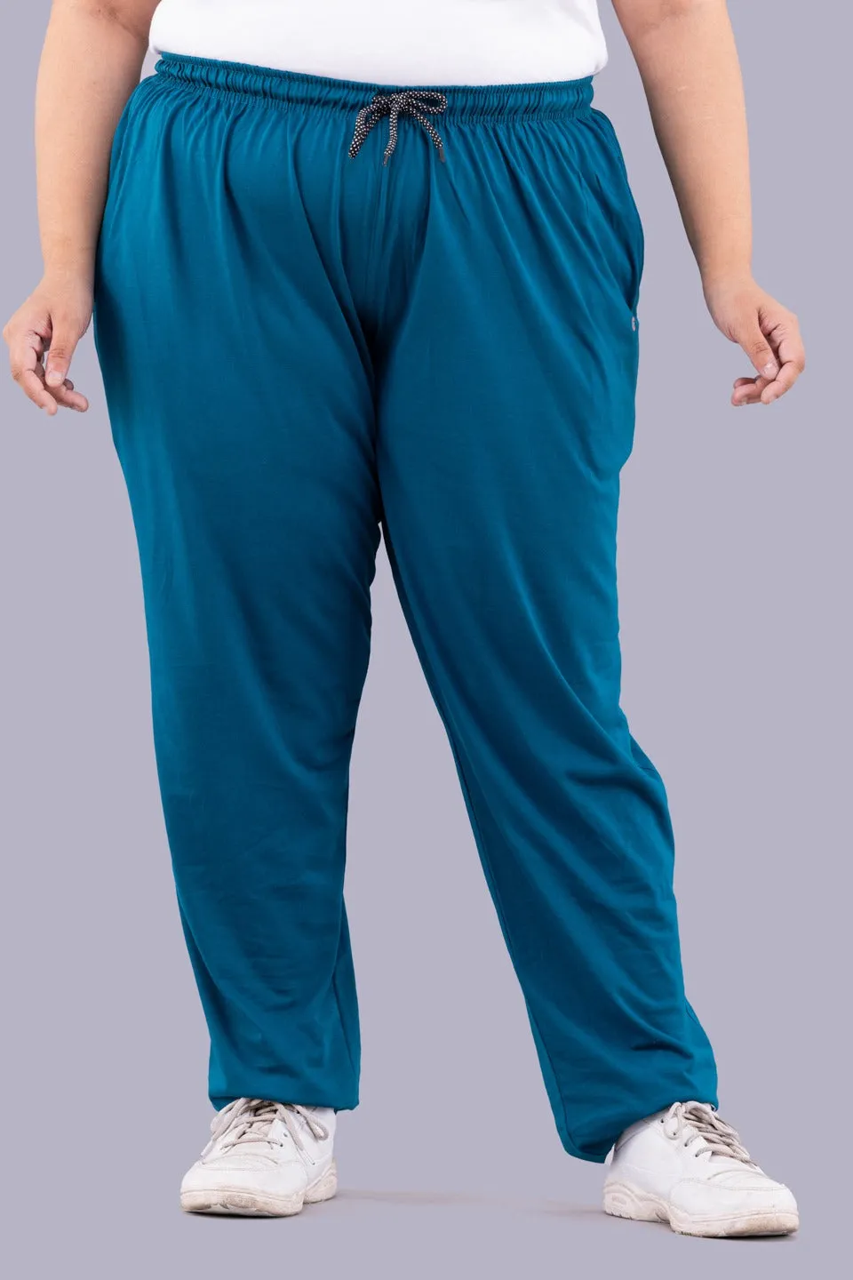 Plus Size Cotton Track Pants For Women - Teal Blue