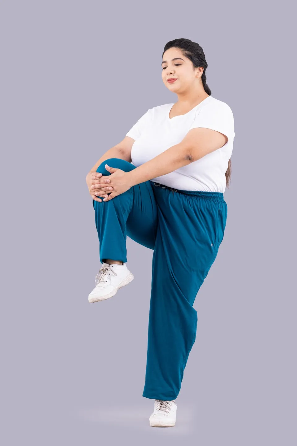 Plus Size Cotton Track Pants For Women - Teal Blue