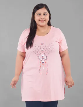 Plus Size Long T-shirt For Women - Half Sleeve -  Pink