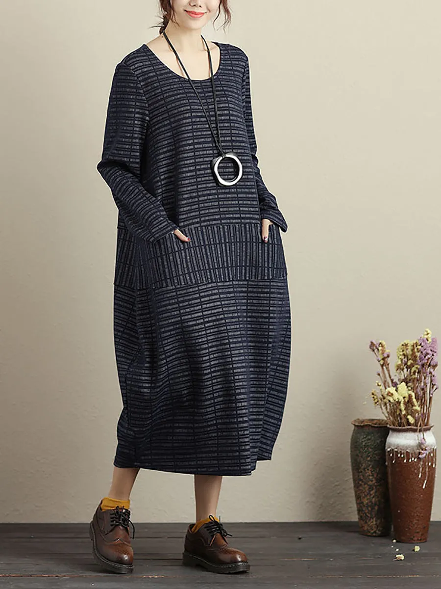 Plus Size Women Spring Casual Stripe Pocket Loose Long Sleeve Dress