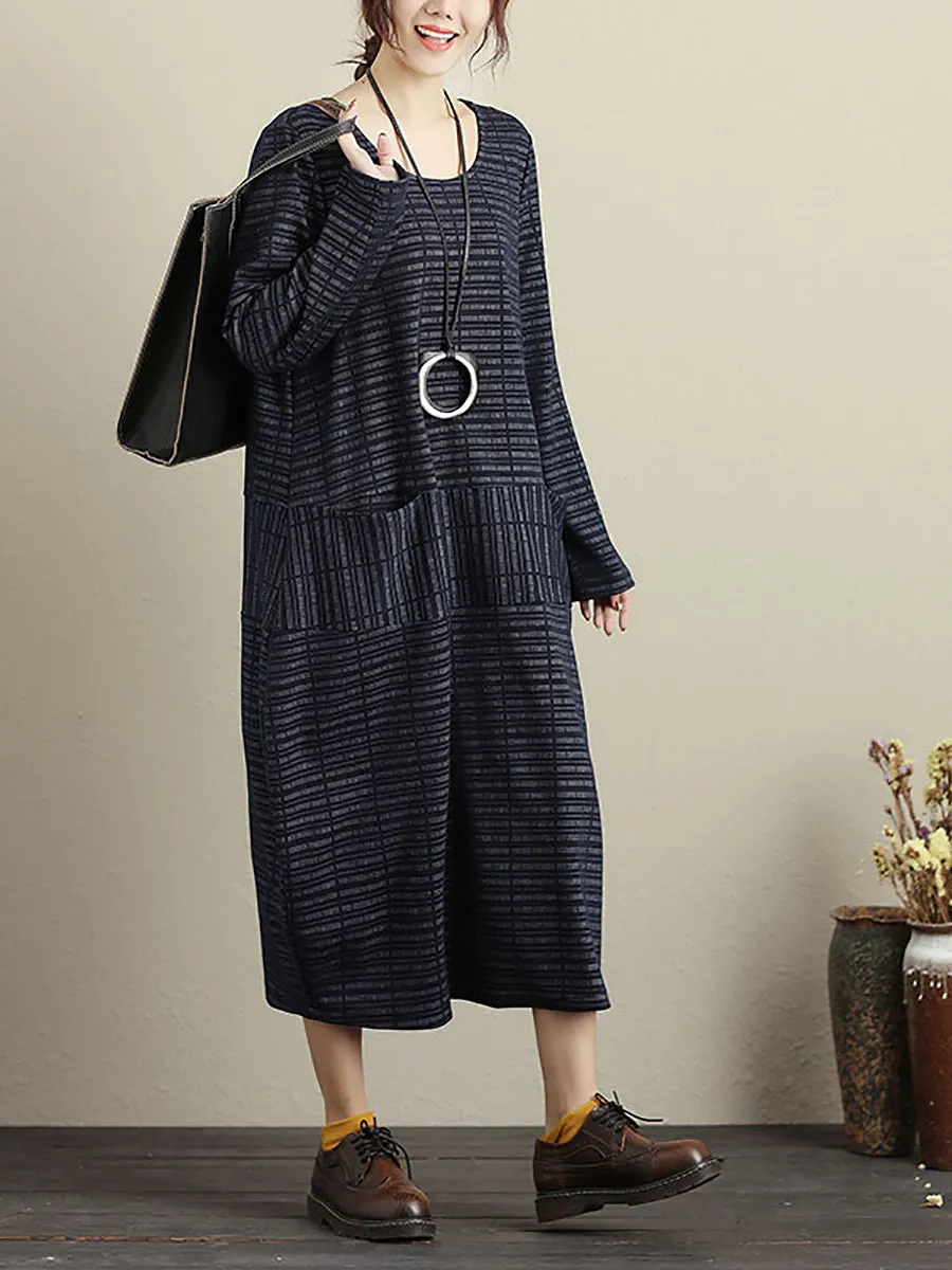 Plus Size Women Spring Casual Stripe Pocket Loose Long Sleeve Dress