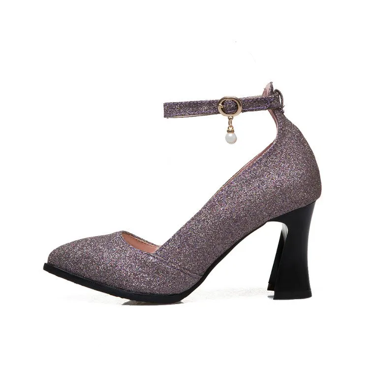 Pointed Toe Sequined Ankle Strap Women Thin High Heels Pumps