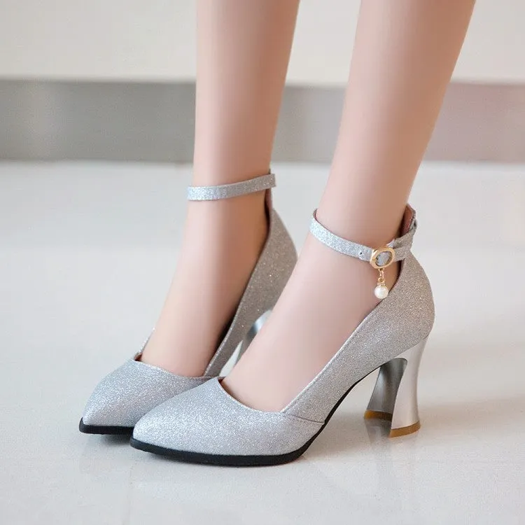 Pointed Toe Sequined Ankle Strap Women Thin High Heels Pumps