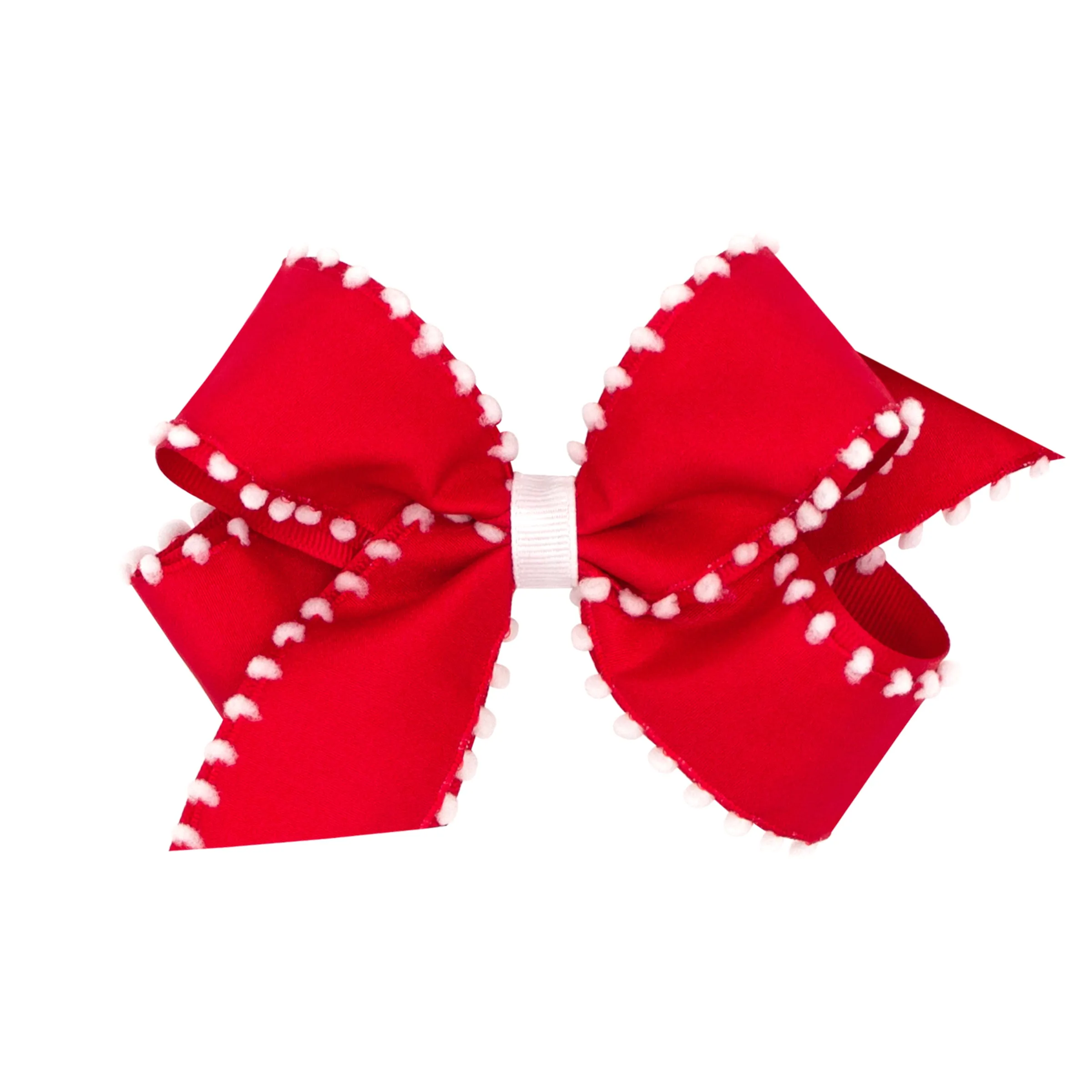 Pom-Pom Edge Grosgrain Overlay Hair Bow on Clippie - Red w/White