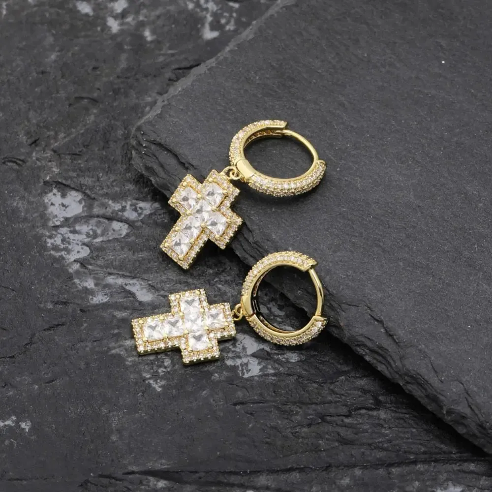 Princess Cut Diamond Cross Earrings in Yellow Gold