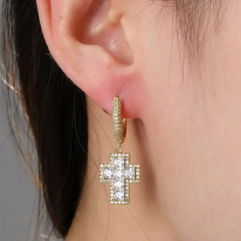 Princess Cut Diamond Cross Earrings in Yellow Gold