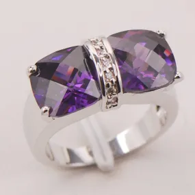 Purple Amethyst Crystal Zircon Bowknot Ring - 925 Sterling Silver