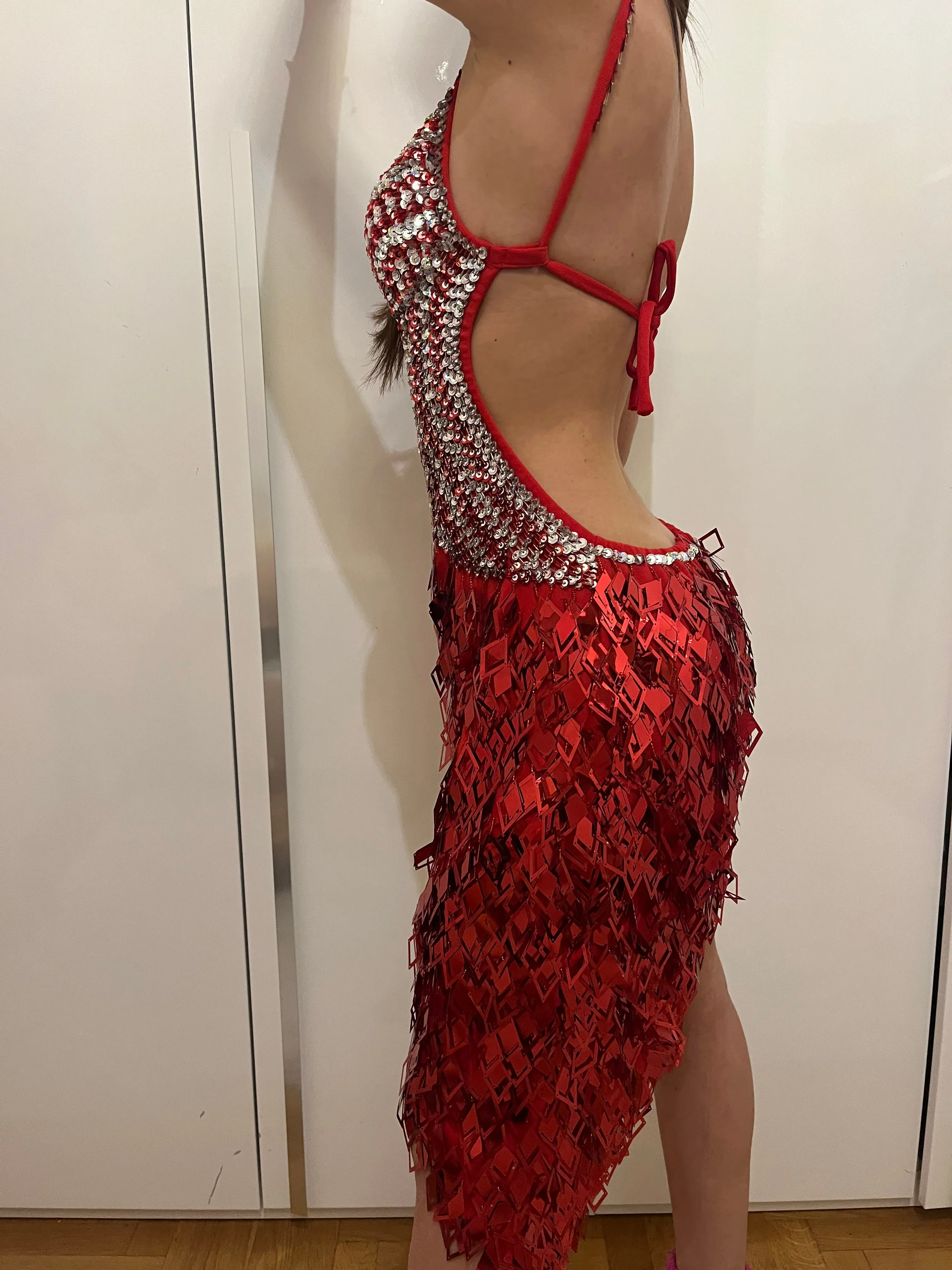 Radiant Red and Silver Sequined Latin Dance Dress