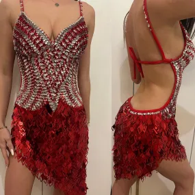 Radiant Red and Silver Sequined Latin Dance Dress