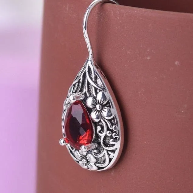 Retro Palace Royal Style Waterdrop Ruby Earrings - 925 Sterling Silver