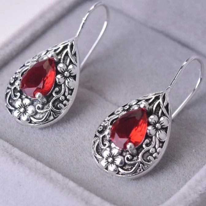 Retro Palace Royal Style Waterdrop Ruby Earrings - 925 Sterling Silver