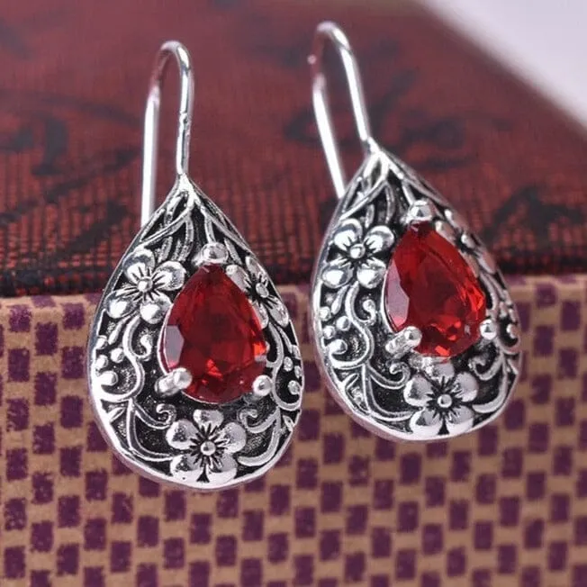 Retro Palace Royal Style Waterdrop Ruby Earrings - 925 Sterling Silver