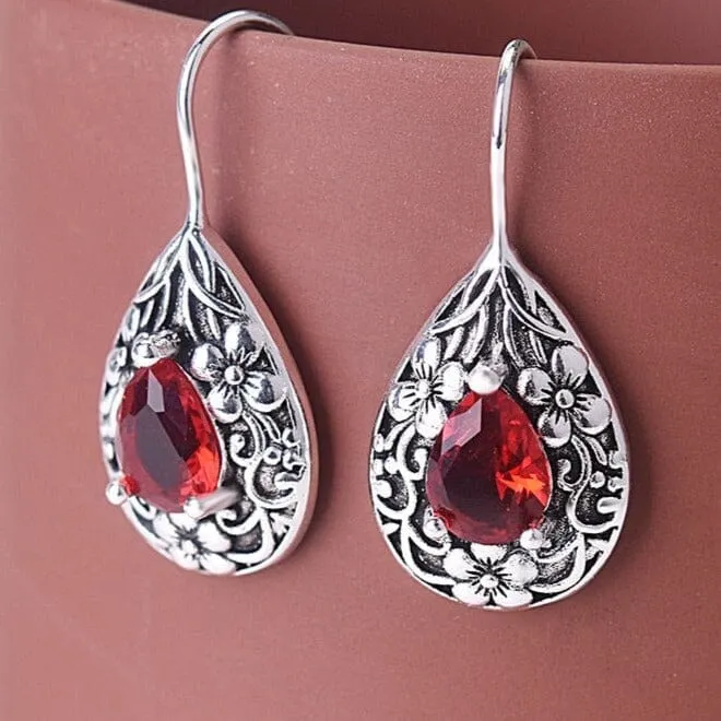 Retro Palace Royal Style Waterdrop Ruby Earrings - 925 Sterling Silver