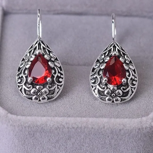 Retro Palace Royal Style Waterdrop Ruby Earrings - 925 Sterling Silver