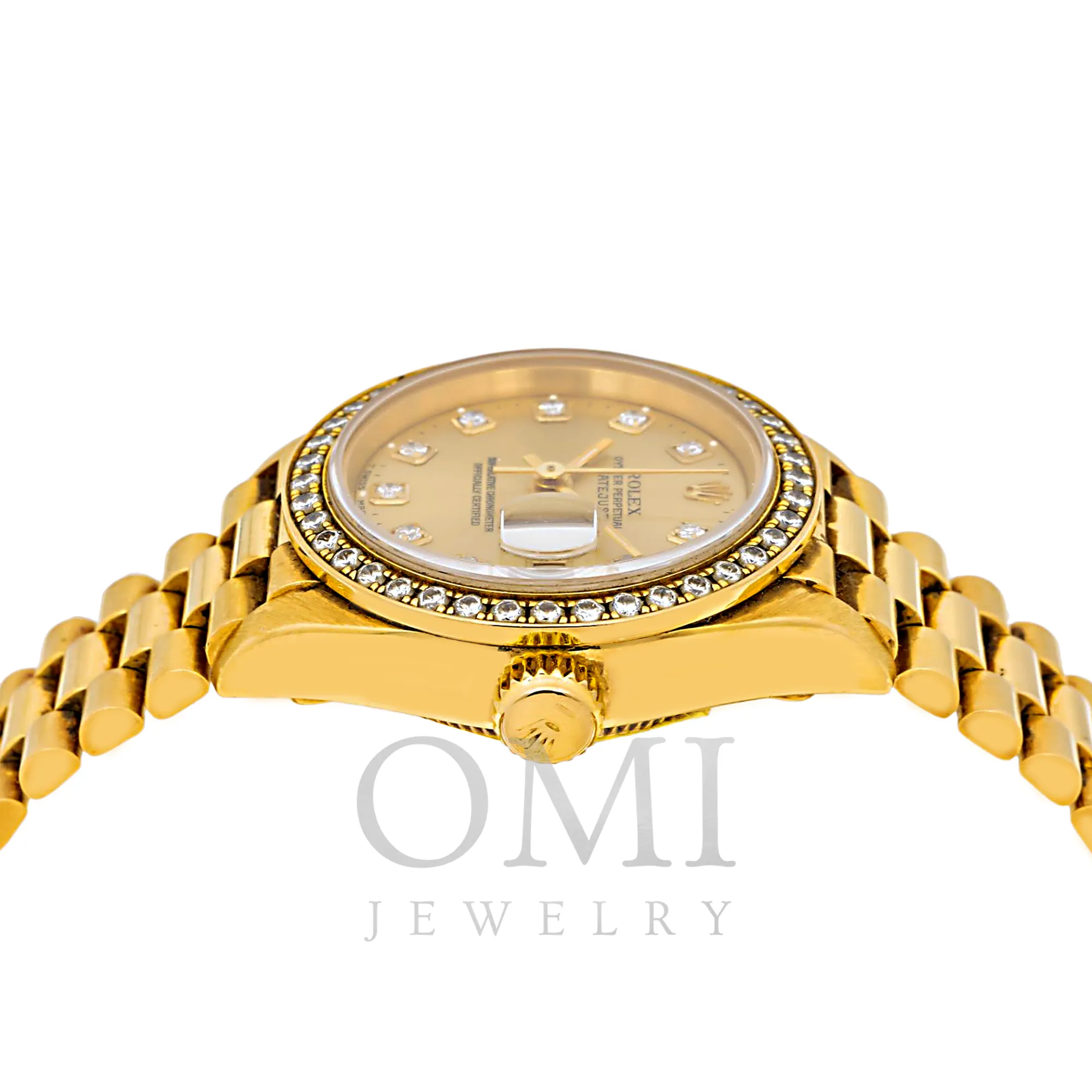 ROLEX LADY-DATEJUST DIAMOND WATCH, 69178 26MM, SILVER DIAMOND DIAL WITH PRESIDENT YELLOW GOLD SEMI DIAMOND JUBILEE BRACELET.